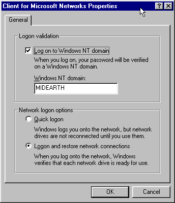 Client for Microsoft Networks Properties Panel.